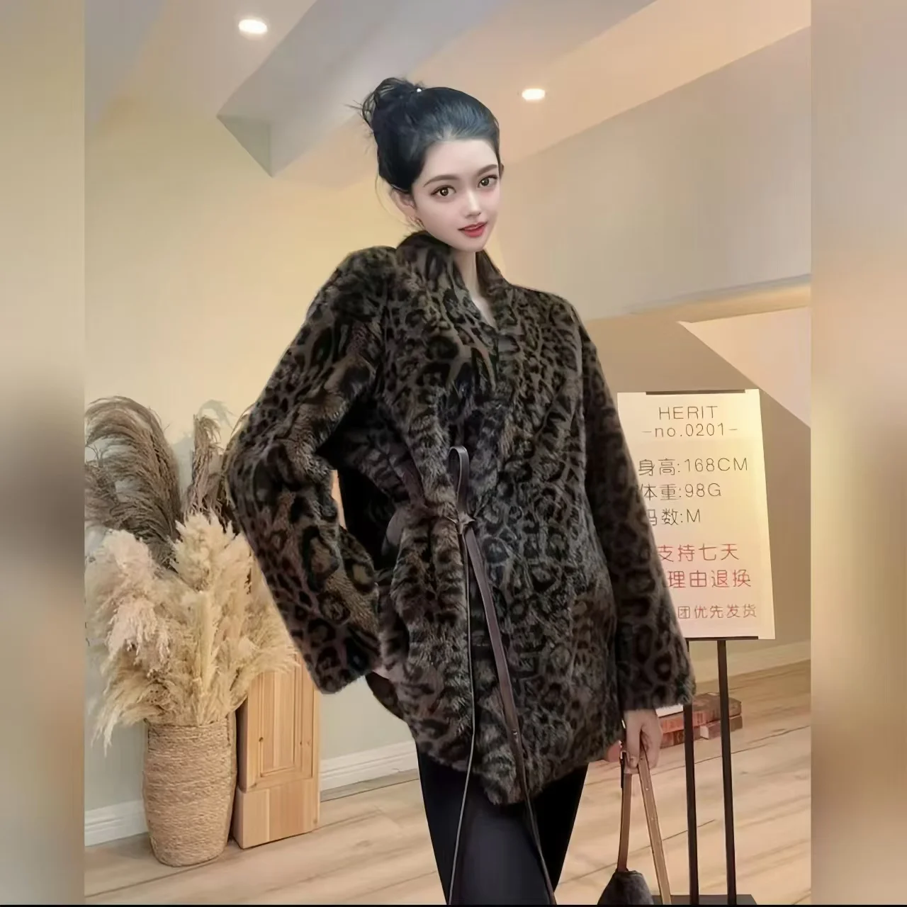 Faux Fur Coats for Women,Covered Button Jackets,Leopard Print Overcoat,Female Clothes,Adjustable Waist,V-Neck,New ,Winter