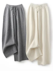 Yoyoselect New Popular Women Wide-Leg Wool Pants 100% Merino Wool Quality Soft Trousers Basic Casual Knitted Elastic Waist Slack