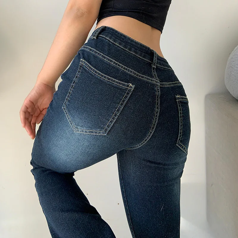 Damskie proste spodnie jeansowe w jednolitym kolorze Faionable Casual Denim Trousers dla pań