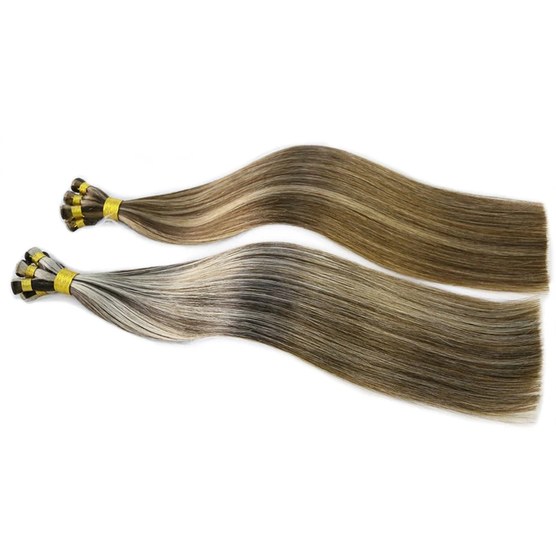 Extensiones de cabello humano brasileño liso hecho a mano, trama atada a mano de doble dibujado, cabello virgen crudo de 14 a 24 pulgadas, mechones sin procesar