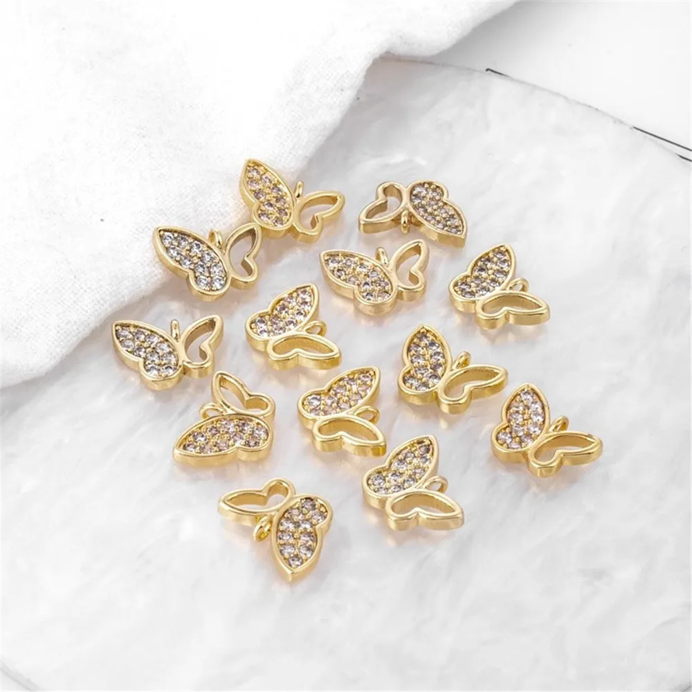 14K Gold Butterfly Pendant, Half Wing Inlaid Zircon, Half Hollow, DIY Jewelry, Handmade Accessories, 12mm