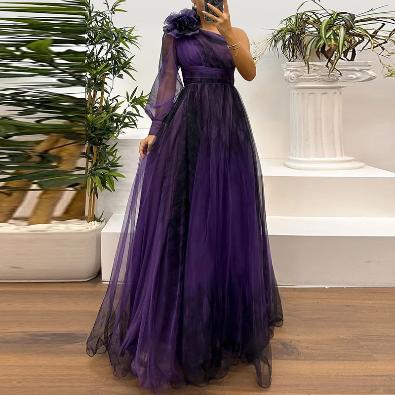 New One Shoulder Sleeve Pleats Bridesmaid Dress Vintage Pattern Printed High Waist Long Dress Sexy Asymmetric Mesh Evening Dress