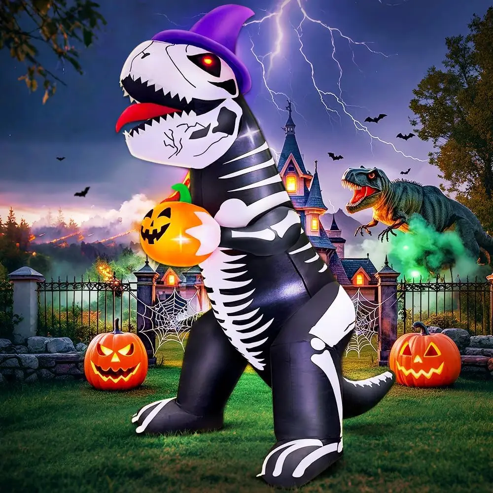 

8FT Halloween Inflatables Outdoor Decorations Inflatable Skeleton Dinosaur with Pumpkin Outside Garden Decorations Outdoor Toys