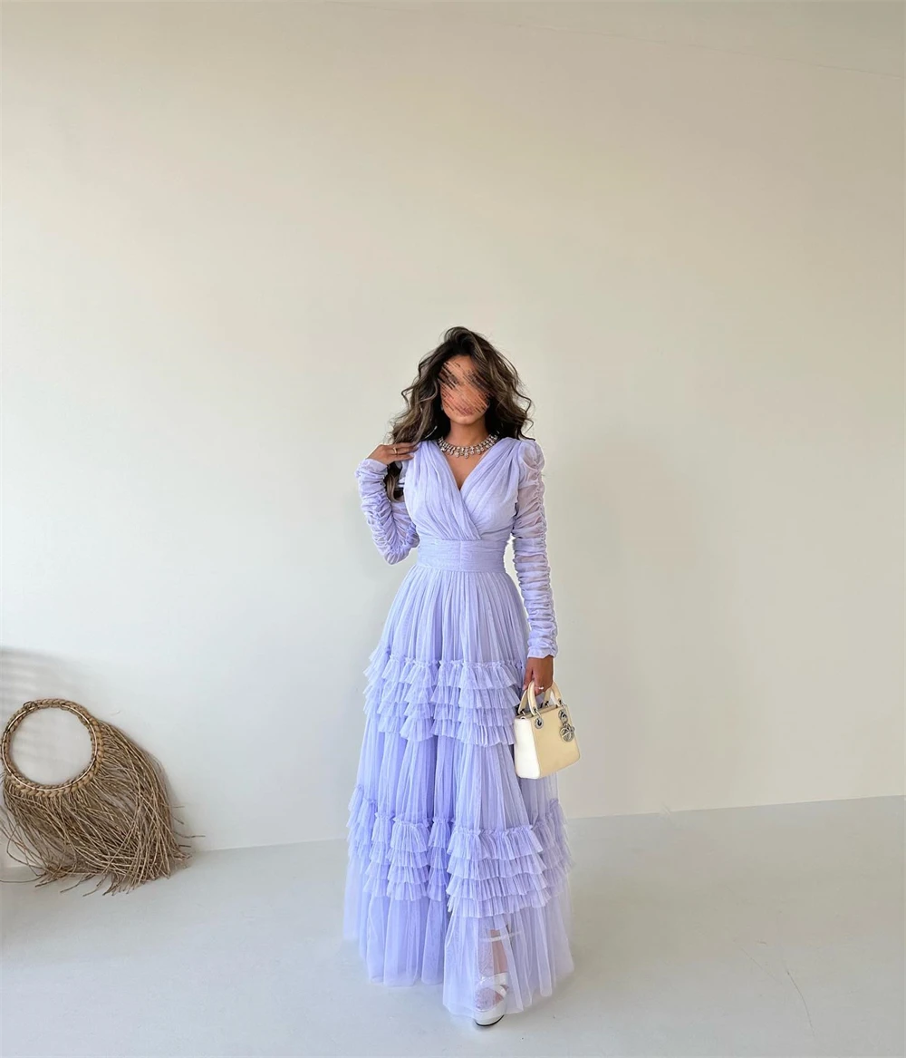 Sexy Casual Prom Dress جديد في فساتين V Neck Long Sleeve Tulle Formal Occasion Evening Gown Mecca سهره نسائيه فخمة