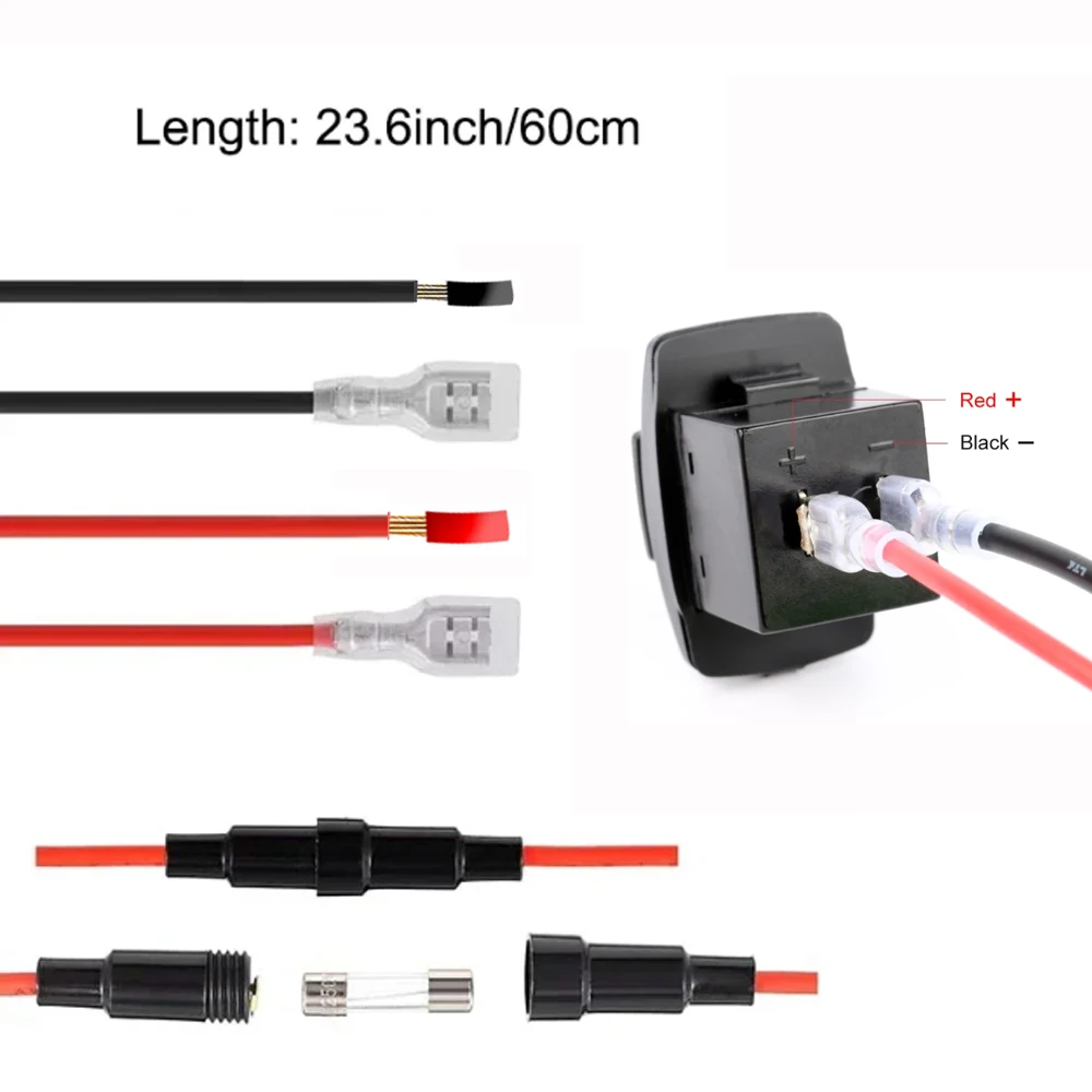 USB Charger Socket Cable 60cm Cigarette Lighter Wire Harness Connector Cord With 10A Fuse for Car Marine Motorcycle ATV RV Refit