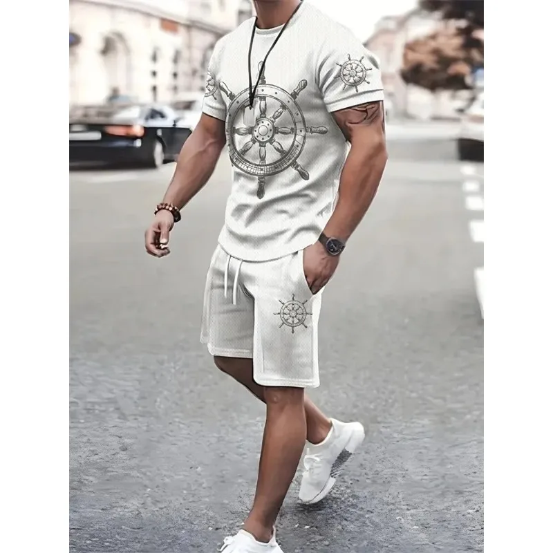 2025 High Quality Street Men's 3D Short Sleeve Loose Top Gradient Coconut Print Style Summer Fashion T-shirt Shorts Set
