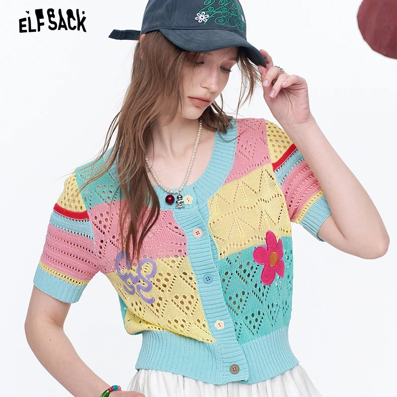 

ELFSACK Crochet Patchwork Knit Cardigan, Colorful Floral & Bow Print Y2K Cottagecore Short Sleeve Top