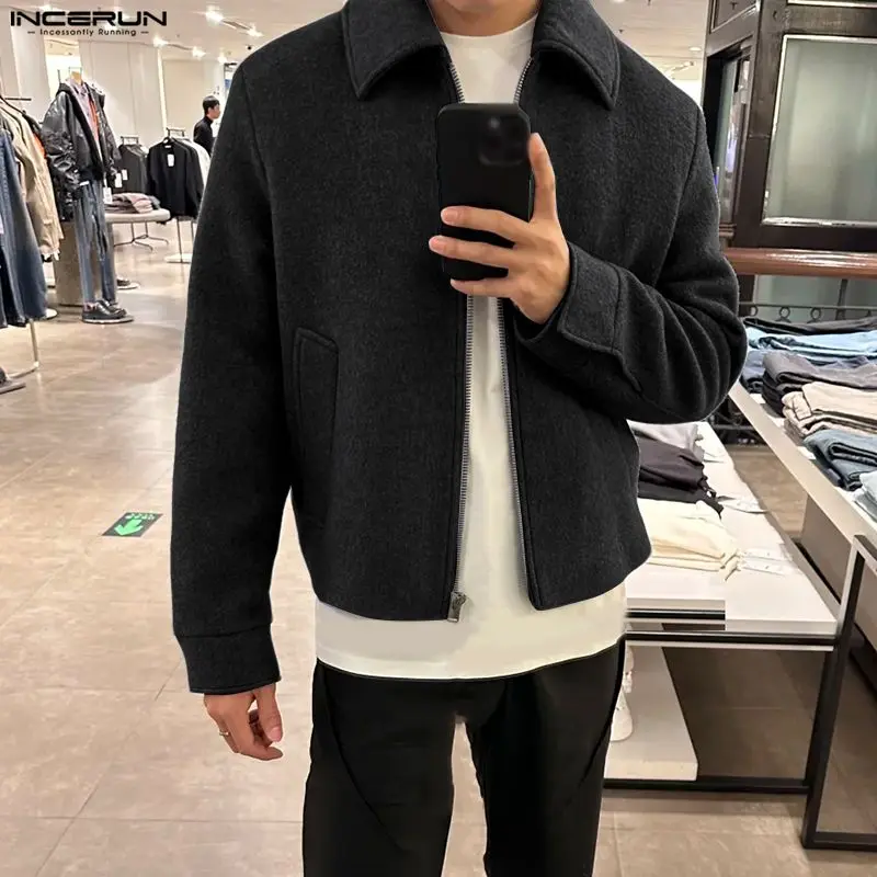 INCERUN سترات رجالية بلون واحد مع سحاب أكمام طويلة معاطف رجالية غير رسمية ملابس خروج فضفاضة موضة ملابس خارجية ترفيهية سترات