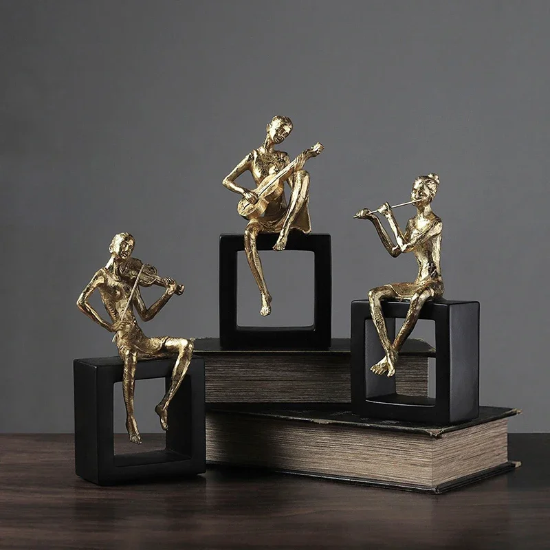 Golden Figures Band Statue Guitarist Violinist Ornaments Desk Decoration Musician Character Resin Sculpture Room Aesthetic Decor