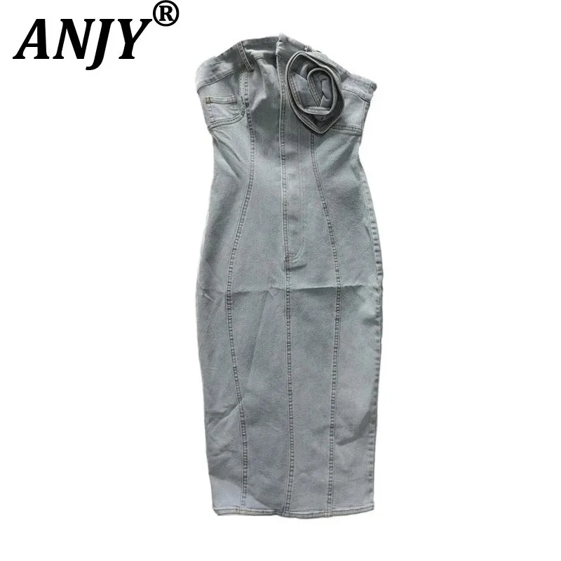 

ANJY Summer New Women's Elegant Stylish Sexy Chic Spliced Three-dimensional Flower Decoration Trendy Strapless Denim Dress A8051