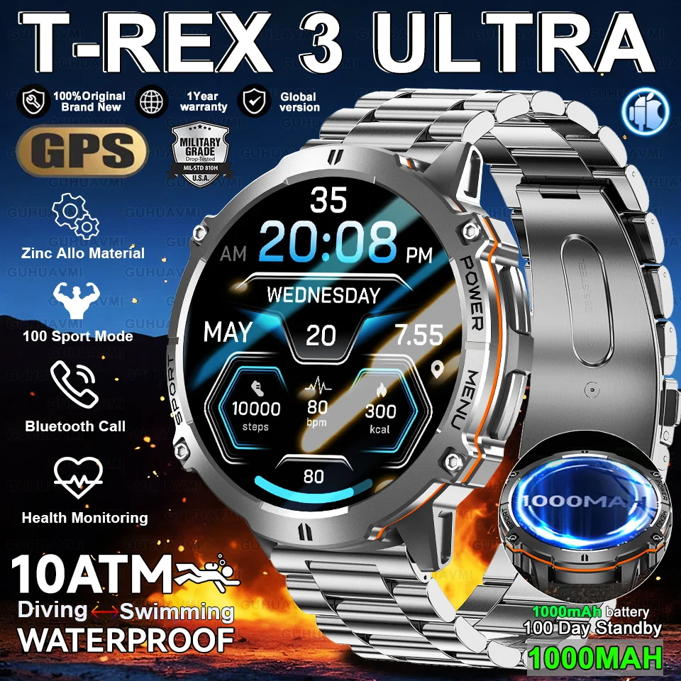 

Hot New Outdoor Military GPS Compass Smart Watch 1.73"AMOLED Screen 1000MAH Heart Rate BT call 10ATM Waterproof Swim Watches Men