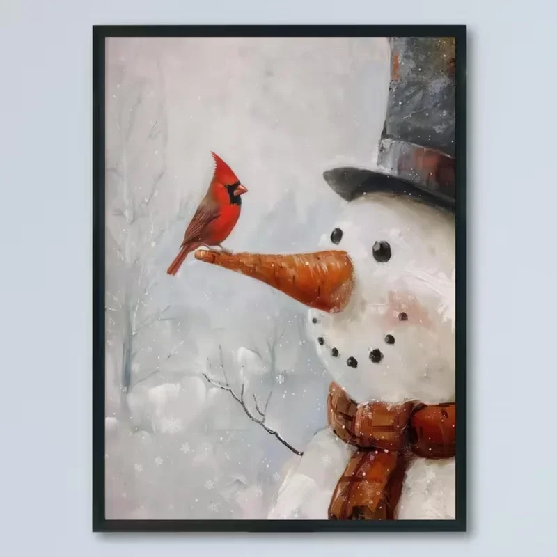 1pc frameless Canvas Painting 1pc Winter Snowman & Cardinal Bird Frameless Vertical Canvas Poster - Modern Retro Christmas Wall