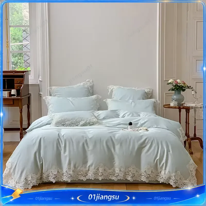 Svetanya 140s Egyptian Cotton Lace Bedding Set Luxury Sheet Pillowcase Blanket Cover Home Textile High Thread Count Soft