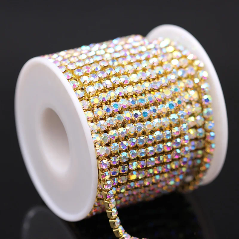 1Yrads/lot ss6-ss18  dense Crystal ab  in gold plated base close rhinestone Cup chain for clothing ornament accessories dress