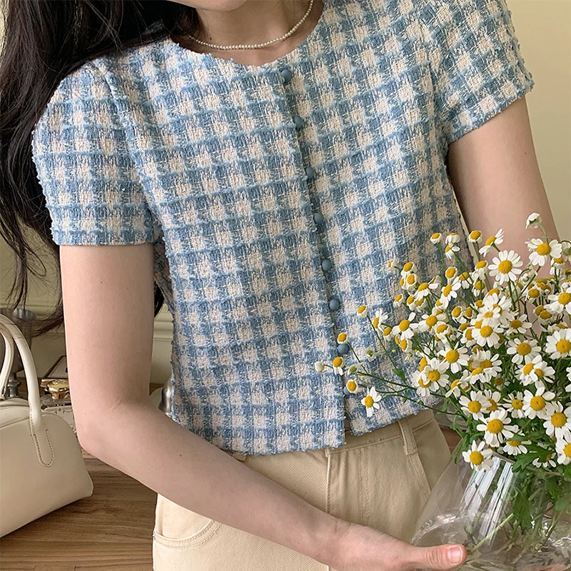 OCEANLOVE Spring Summer Tweed Jackets for Women Plaid Korean Fashion Sweet Chic Chaquetas Puff Sleeve Elegant Ropa De Mujer