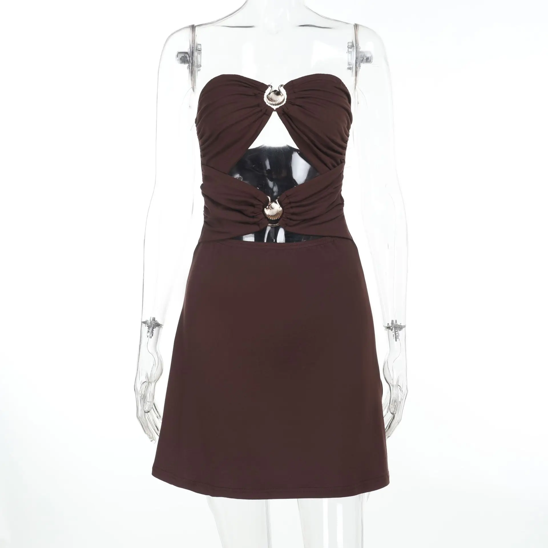 Sexy figurbetontes Schlauchkleid mit Ausschnitten für Damen, ärmellos, trägerlos, Mini-Clubwear mit Metallring, Sommer-Party-Nacht-Outfit