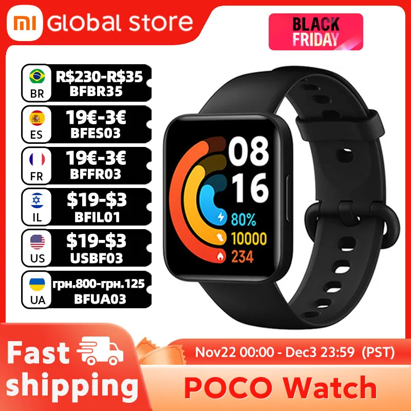 POCO-Smartwatch com Display AMOLED, Versão Global, Bateria de 14 Dias, GPS, Relógio Sempre Ligado, Oxigênio no Sangue, 1.6