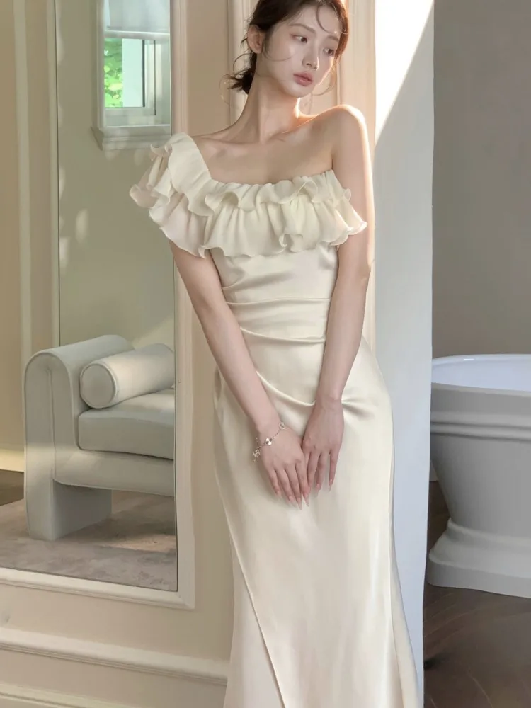 Mulher elegante chique cetim sereia vestido de noite coreano babados slash neck fino ajuste vestidos de festa moda sólida midi robe