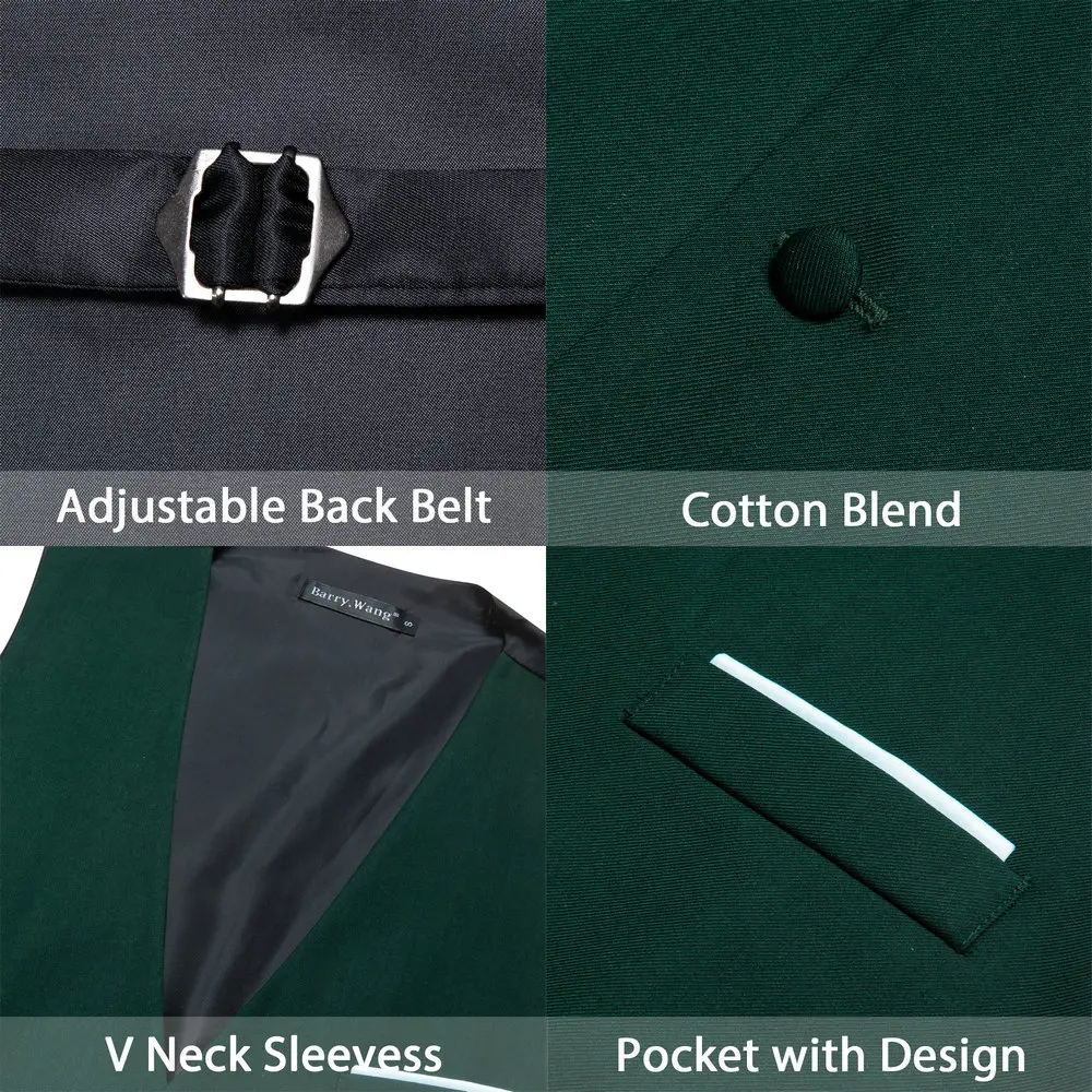 Barry.Wang Men\'s Sleeveless Vest Elegant Dark Green V-Neck Waistcoat Necktie Sets Leisure Groom Party Wedding Designer DM-2426