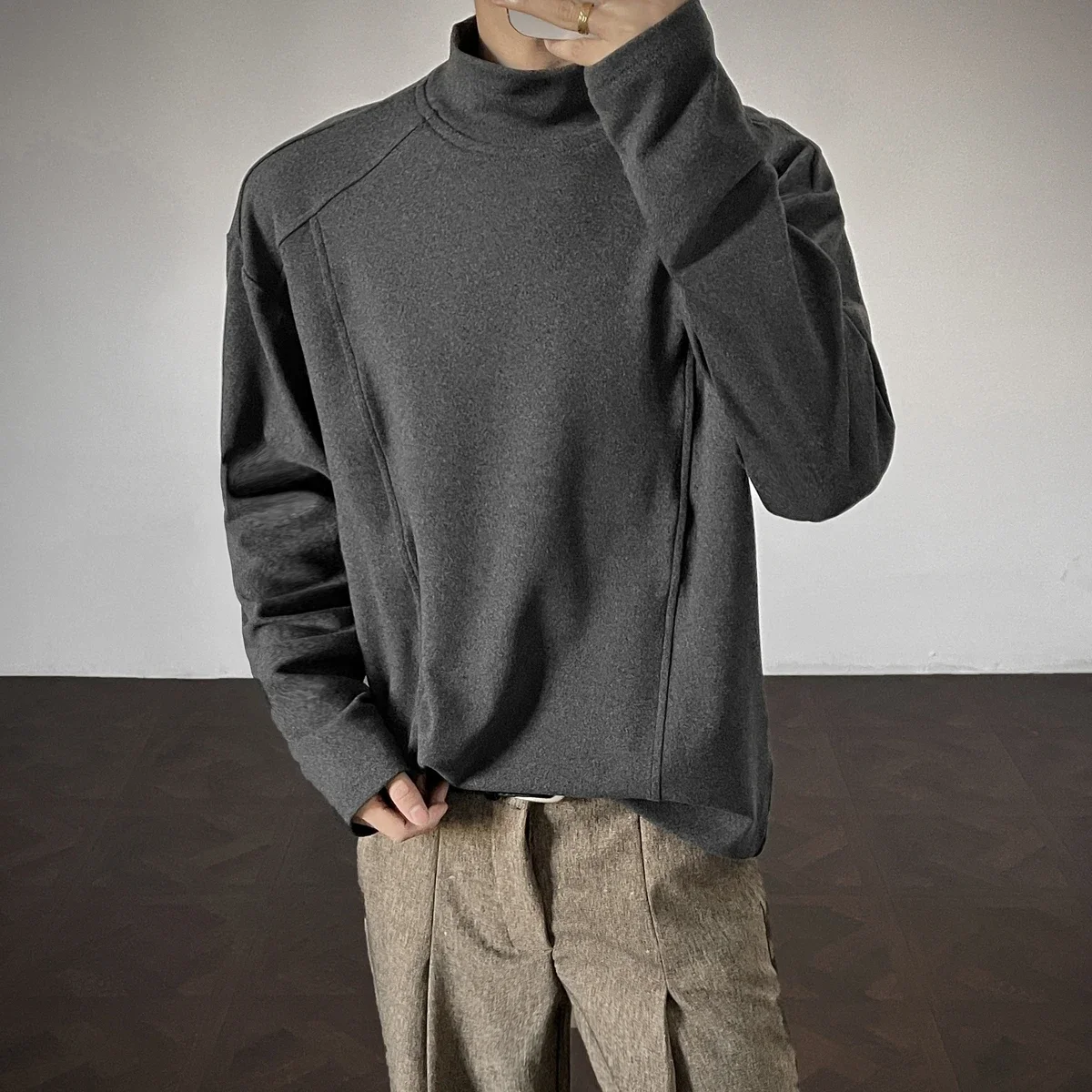 Autumn New Man's Mock Neck T-shirt Long Sleeve Slim Fit Solid Color T Shirts Man High Elastic Bottom Pullover Basic Man's Top