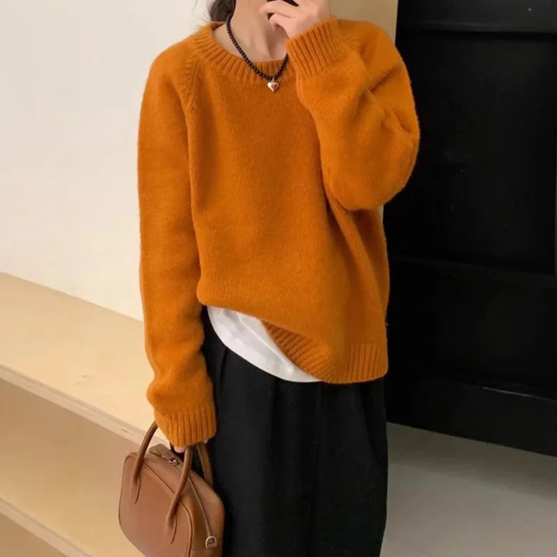 2025 Otoño e Invierno moda nueva mujer elegante tejido suelto cuello redondo grueso Sudadera con capucha cálido suéter de manga larga de Cachemira