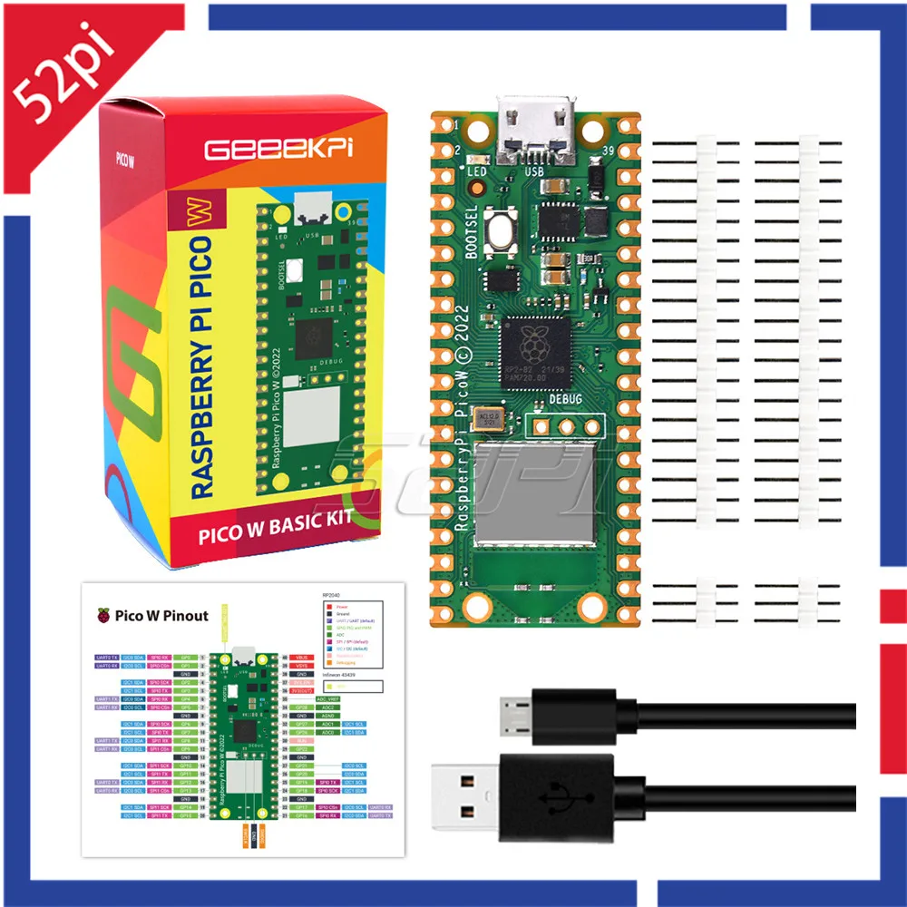 

52Pi Raspberry Pi Pico W with Header RPi Pico Wireless WiFi RP2040 Microcontroller Chip Development Board