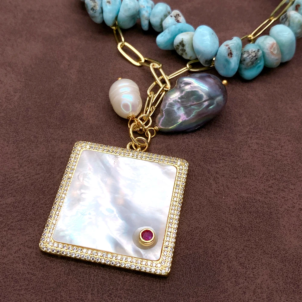 Y·YING Blue Larimar Chain Choker Necklace White Sea Shell Pendant Black Baroque Pearl Charm Healing Crystal Jewelry
