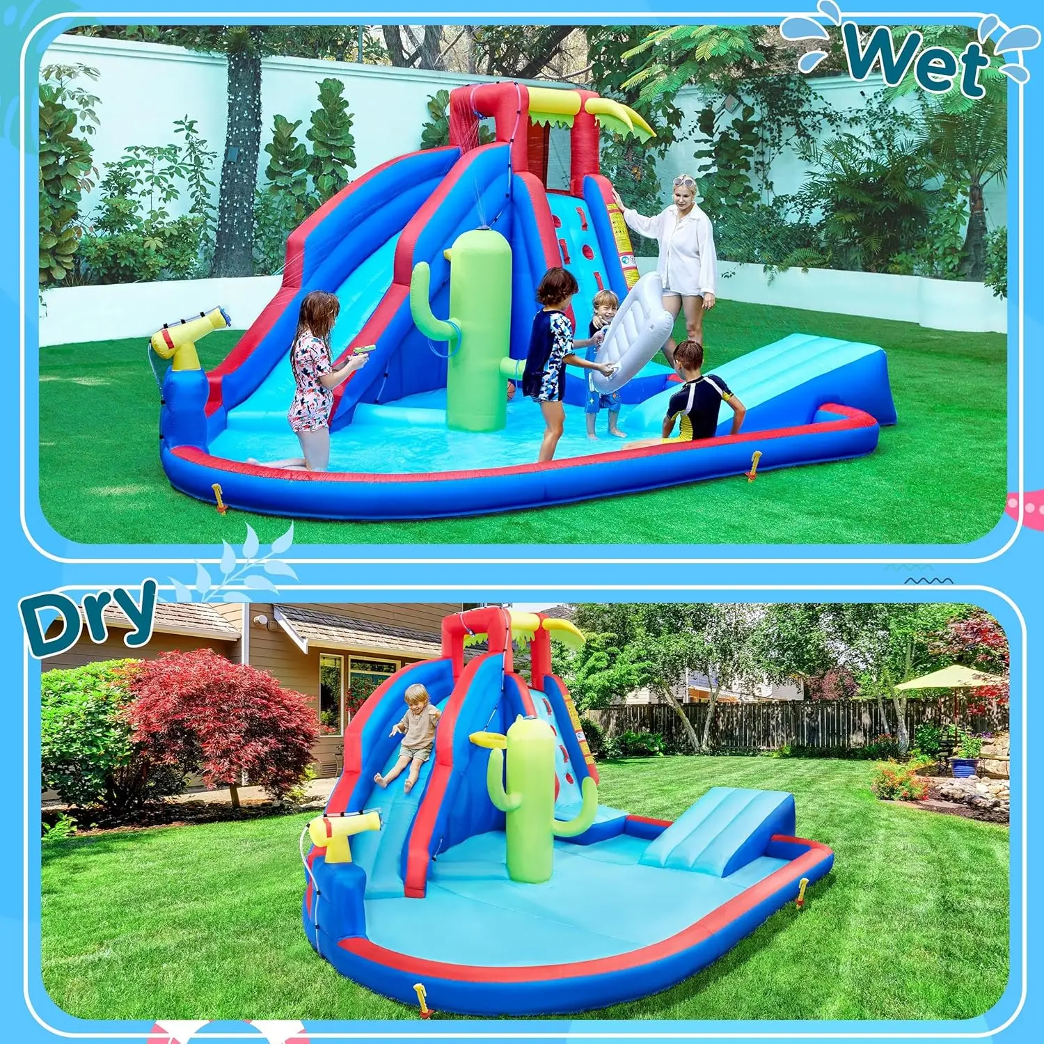 Water Slide Inflatable Play Castle for Kids Ages 3-10 with Splash Pool, Water Cannon, Ring Toss, Basketball Hoop, Surfboard, Climbing Wall, and 520W Air Blower