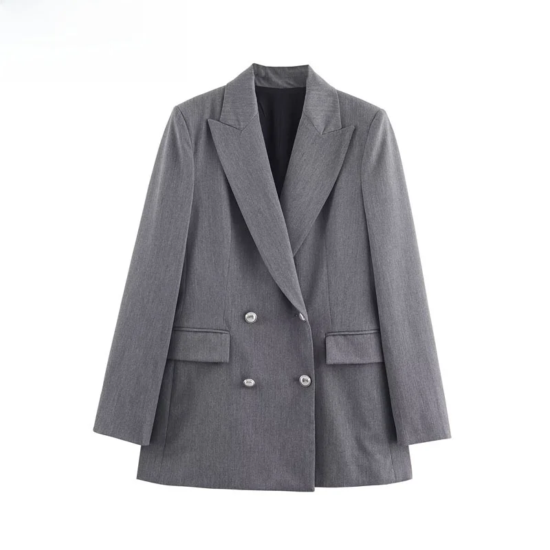 

ZBZR, осенний новый женский двубортный длинный повседневный костюм-свек Jaet 884353, подходит для поездок на работу из полиэстера