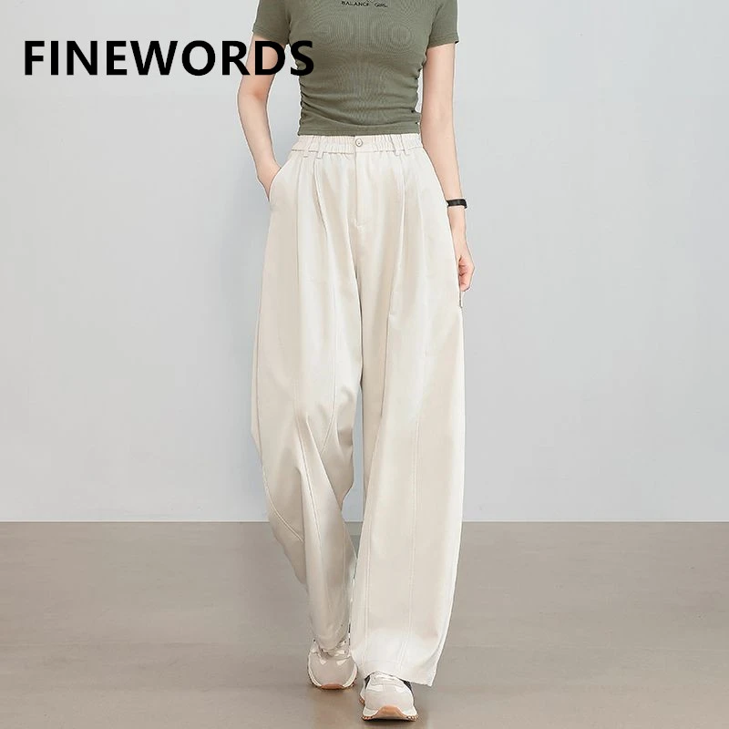 

FINEWORDS винтажные повседневные бежевые широкие брюки женская уличная одежда Easymatch мешковатые брюки полная длина с высокой талией повседневные свободные брюки