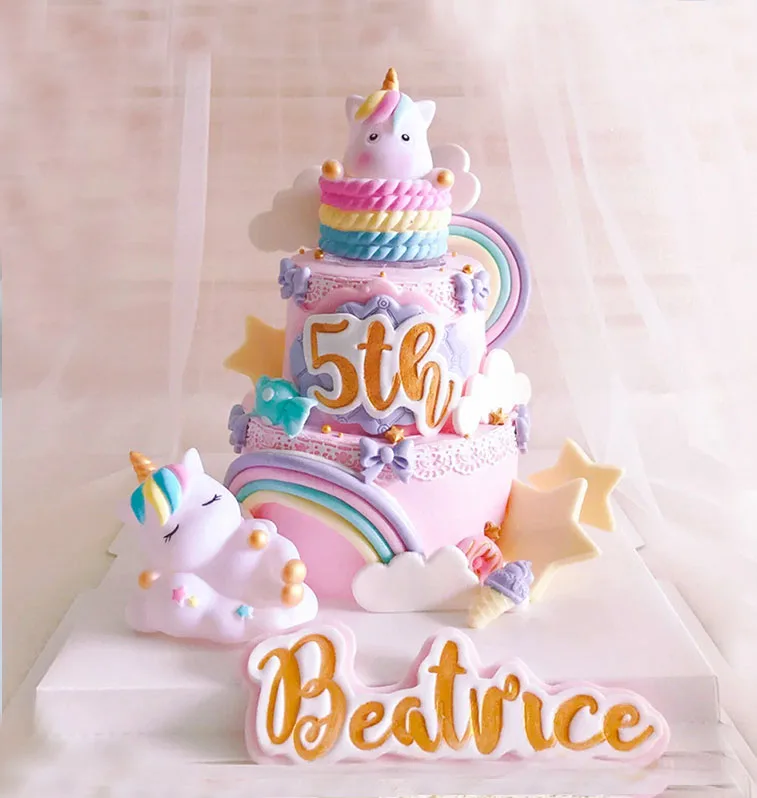 Unicorn Cake Decoration Rainbow Trojan Horse Rocking Horse Girl Boy Baby Birthday Cupcake Topper Happy Birthday Party Decor Kids