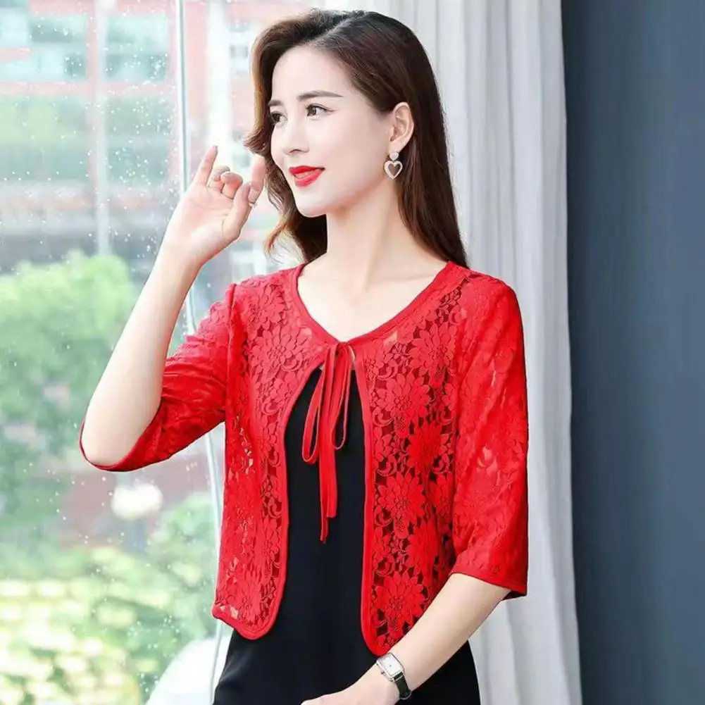 Women Lace Jackets Stylish Floral Embroidery Lace-up Coat for Women Three Quarter Sleeves Shawl Jacket with Hollow Out Lace