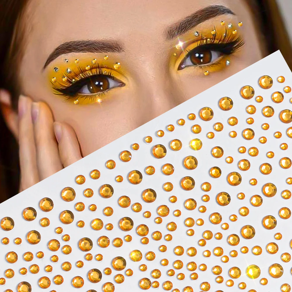 200Pcs/Sheet 5D Champagne Gold Rhinestone Face Stickers 2/3/4/5mm Champagne Gold Diamond Slider DIY Adhesived Face/Make Up Decal
