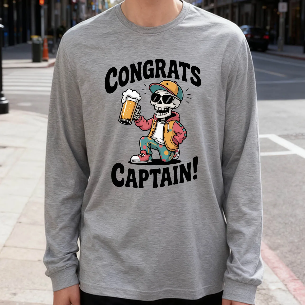 Congrats Captain Men's Long Sleeve T-Shirt 180g 100% Cotton Printed Crew Neck Casual Daily Wear Soft and Breathable