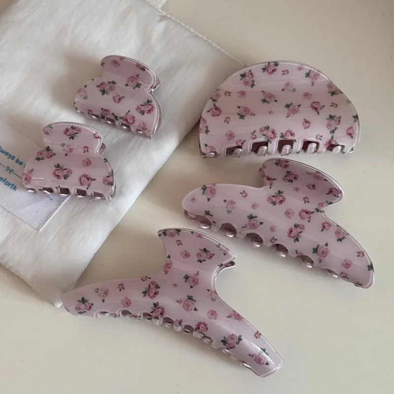 Pink Retro Rose Small Floral Hairpin Women's Premium Sense Grab Clip Disc Hair Shark Clip Spring Color Hair Accessories New