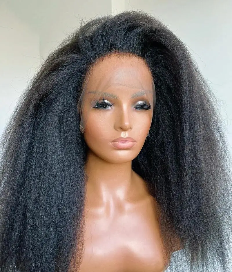 Soft Yaki Preplucked 18Inch Short Natural Black 180Density Lace Front Wigs For Women Kinky Curly Baby Hair Glueless Good Texture
