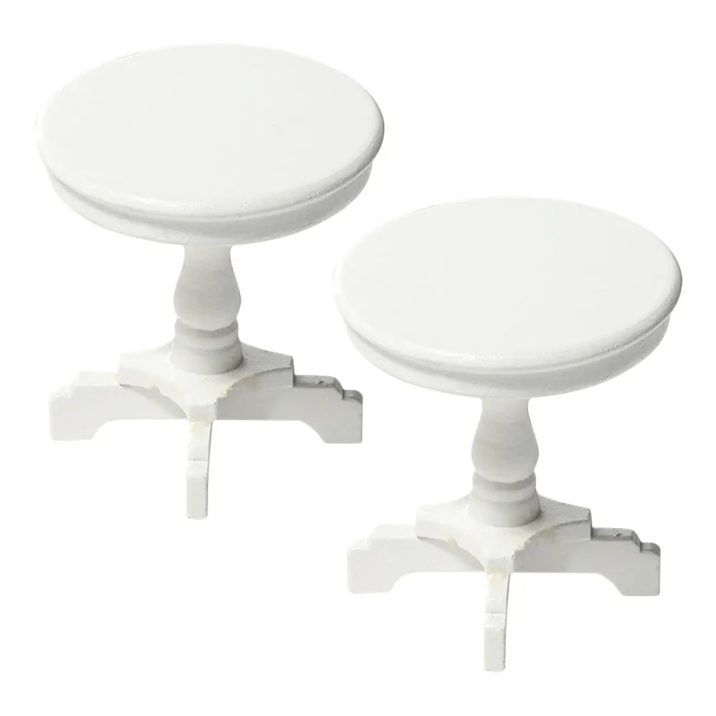 

2Pcs Miniature Round Side End Table White Wooden Dollhouse Furniture Fairy Garden Pretend Play Decoration Miniature Table