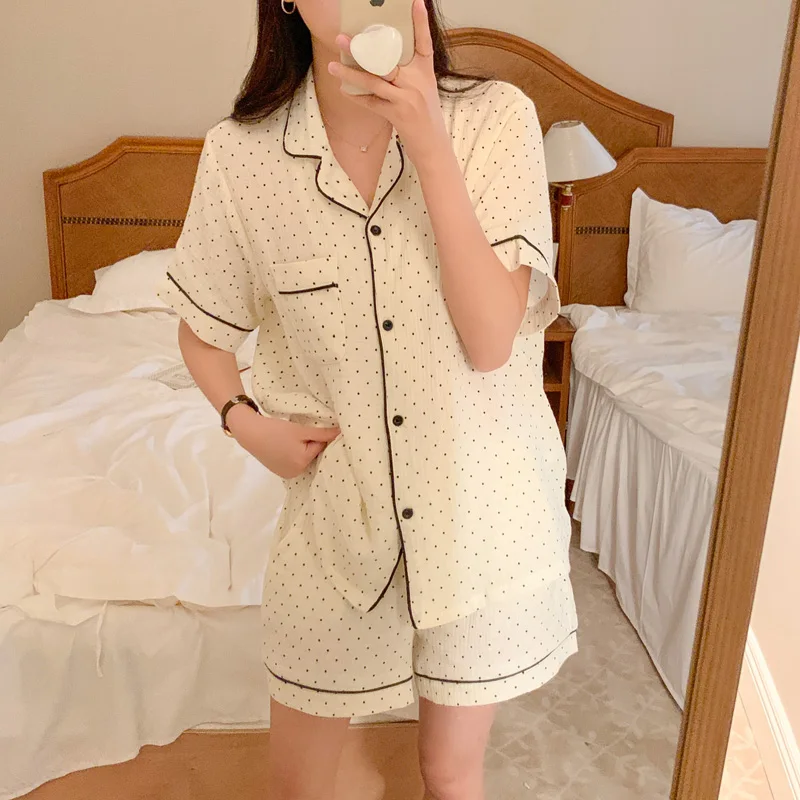 

Round Dot Korean Simple Short Sleeve Lovers Home Pajamas Set Women Elegant Casual Loose Comfortable Man and Wife Sleepwear Ins