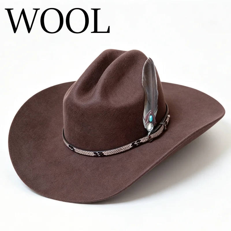 100% Wool Felt Cowboy Hat with Belt Buckle 10CM Wide Brim Jazz Hat Autumn Winter Fedoras