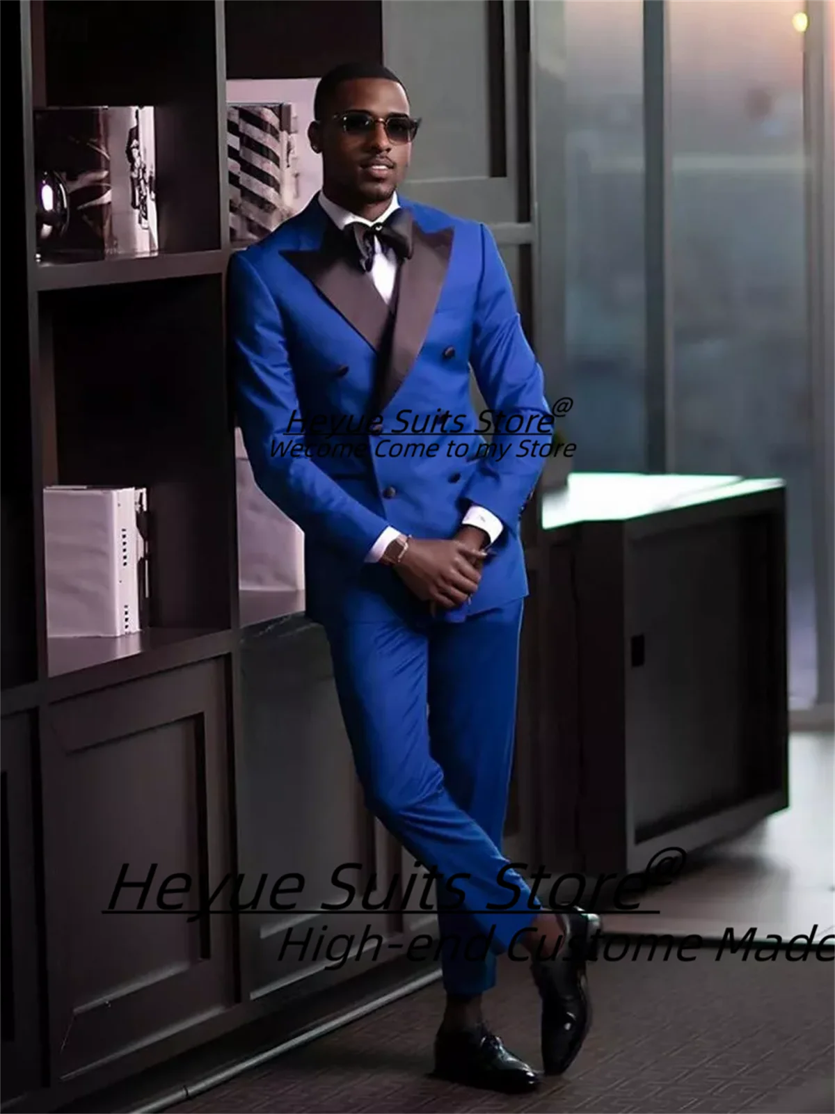 

Elegant Blue Double Breasted Groom Wedding Tuxedos Customized Slim Fit Peak Lapel Male Prom Blazers 2 Pieces Sets Costume Homme