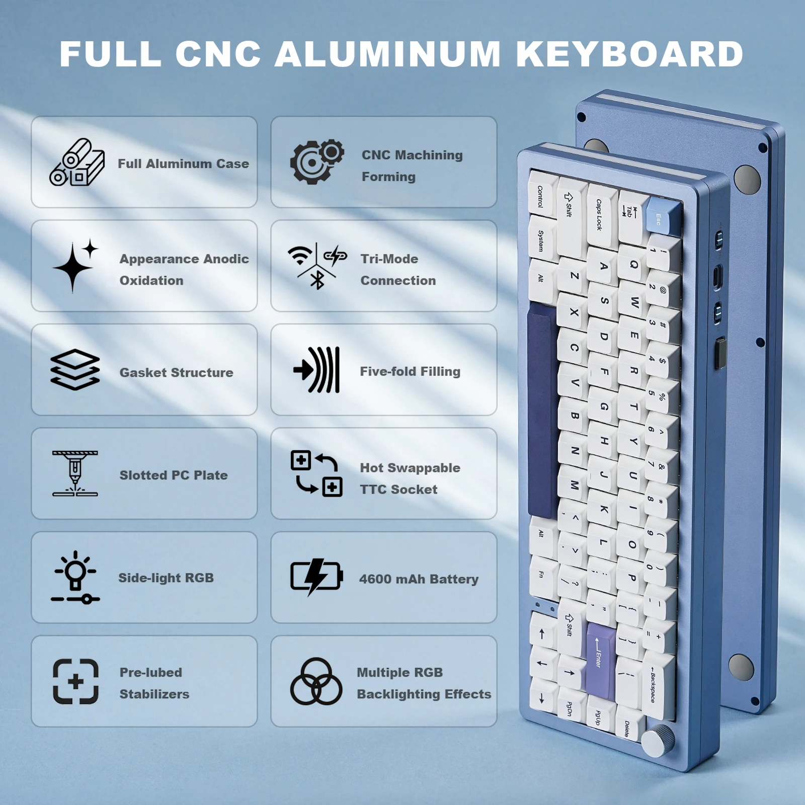 Yunzii al66 blau 66-Tasten cnc Aluminium knopf drahtlos Bluetooth/2,4g/verdrahtet Hot-Swap-Dichtung montiert RGB mechanische Gaming-Tastatur