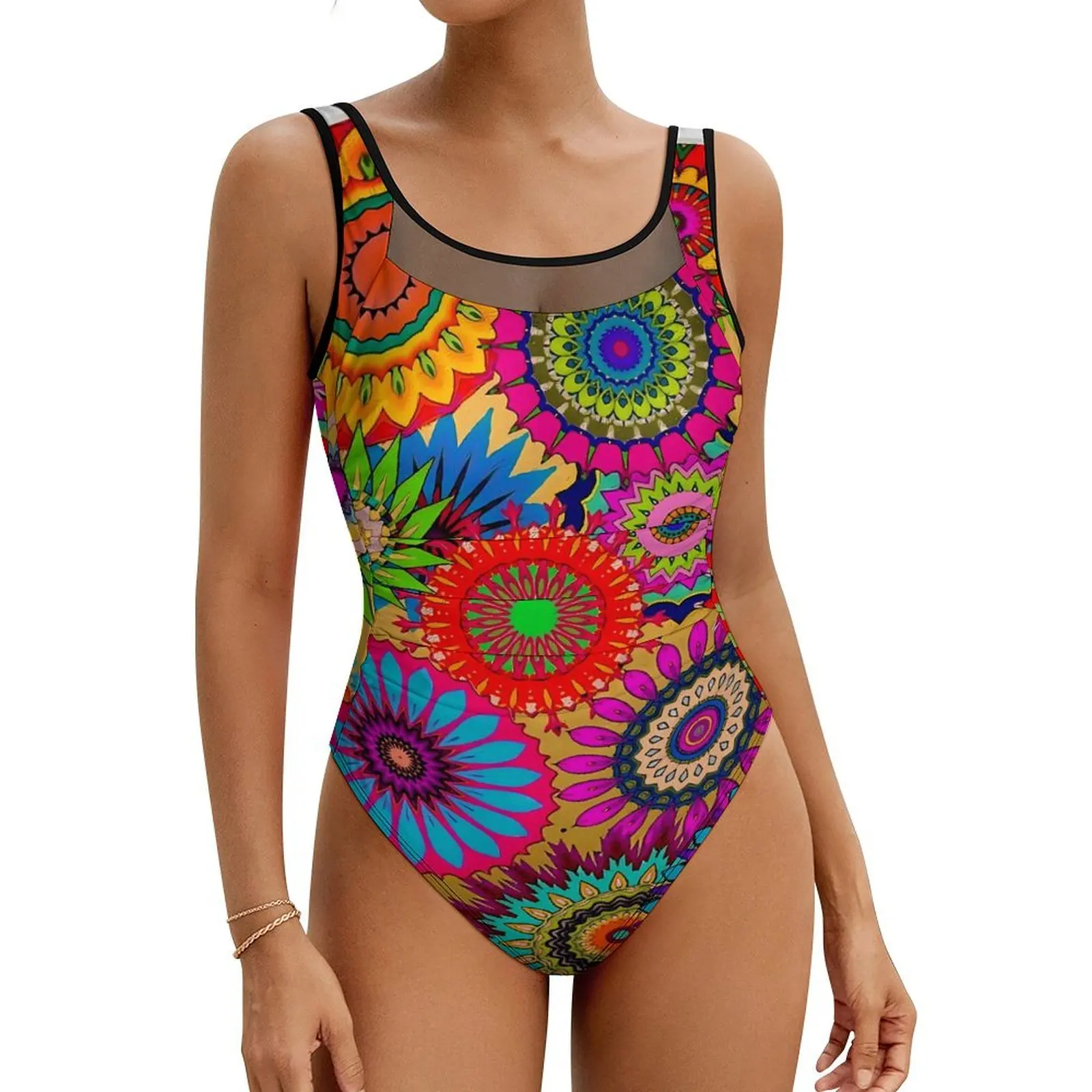 

Colorful Bohemian Style Swimsuit Abstract Floral One Piece Swimwear Push Up Sweet Monokini Holiday Rave Design Beach Outfits