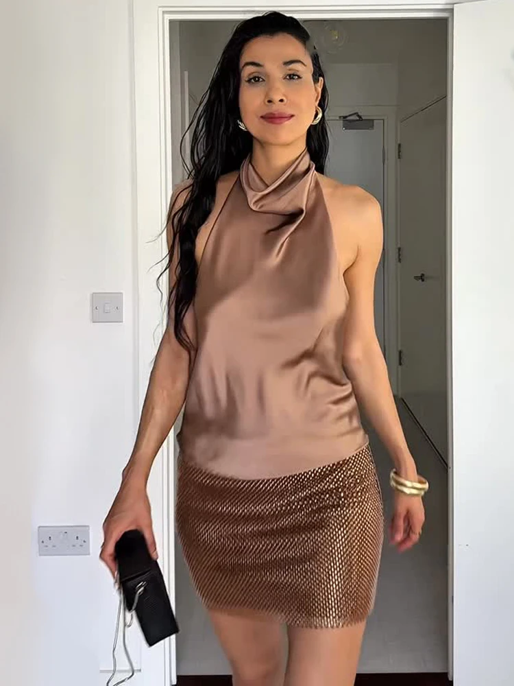 HH 2025 Women Summer Skirt Suit Rhinestone Sleeveless Pleated Strapless Sexy Top+A-line Side Zipper Lining Mini Skirt