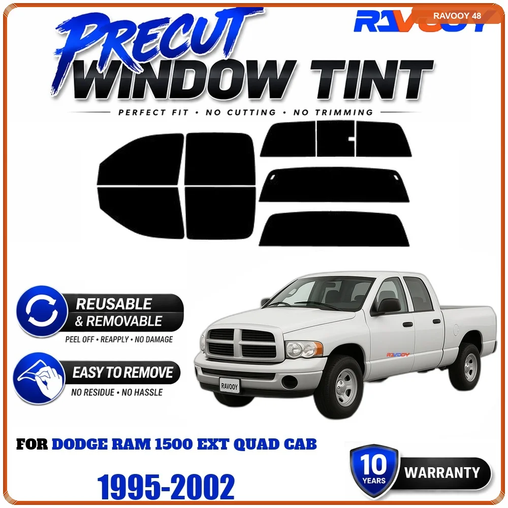RAVOOY Precut Window Tint, Reusable Removable EPU Film, Custom Fit for Dodge Ram 1500 Ext Quad Cab 1995-2002, UV Heat Protection