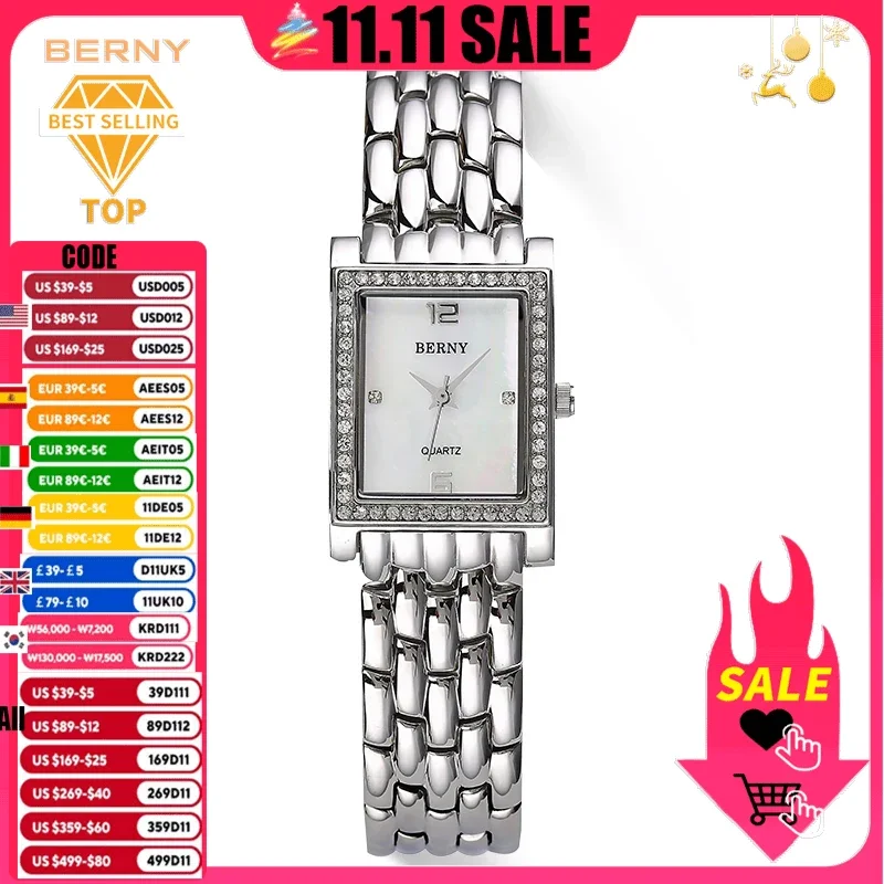 BERNY Luxury Quartz Women Watch Rectangle Stainless Steel Brand Fashion Leather Waterproof Dress Watches Female Clock Wristwatch