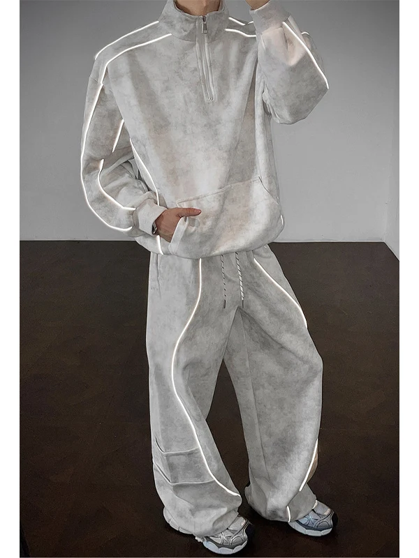 

Комплект спортивных штанов с капюшоном на молнии и светоотражающей полосой для мужчин, повседневные осенние спортивные модные хлопковые длинные брюки све