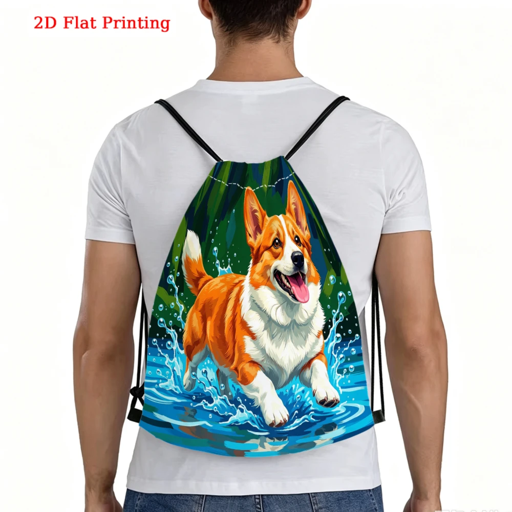 Corgi Running In Water Splash Drawstring Backpack, Travel Shoe Bag, Fitness Sports Backpack, Travel Outdoor Drawstring Bag