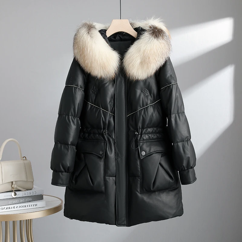 

Genuine Leather Jacket Women Winter New In Outerwear Leather Down Jackets for Women Fox Collar Fashion Hooded Thick Coats F 2023