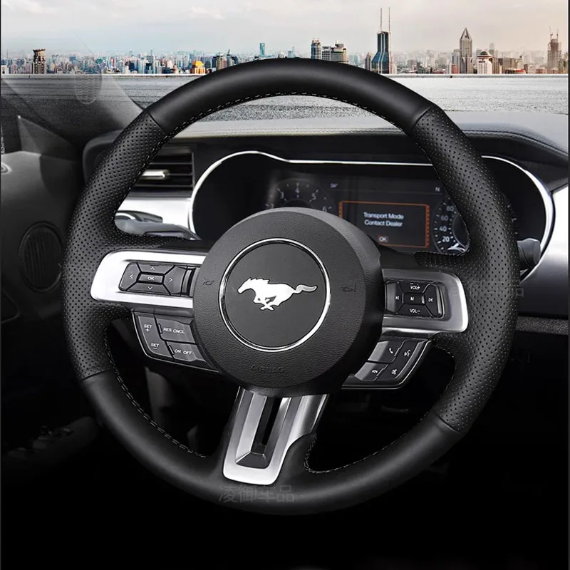 Hand Stitched Sports style non-slip Genuine Leather Car Steering Wheel Cover For Ford Mustang 2015-2021 Mustang GT 2015-2021