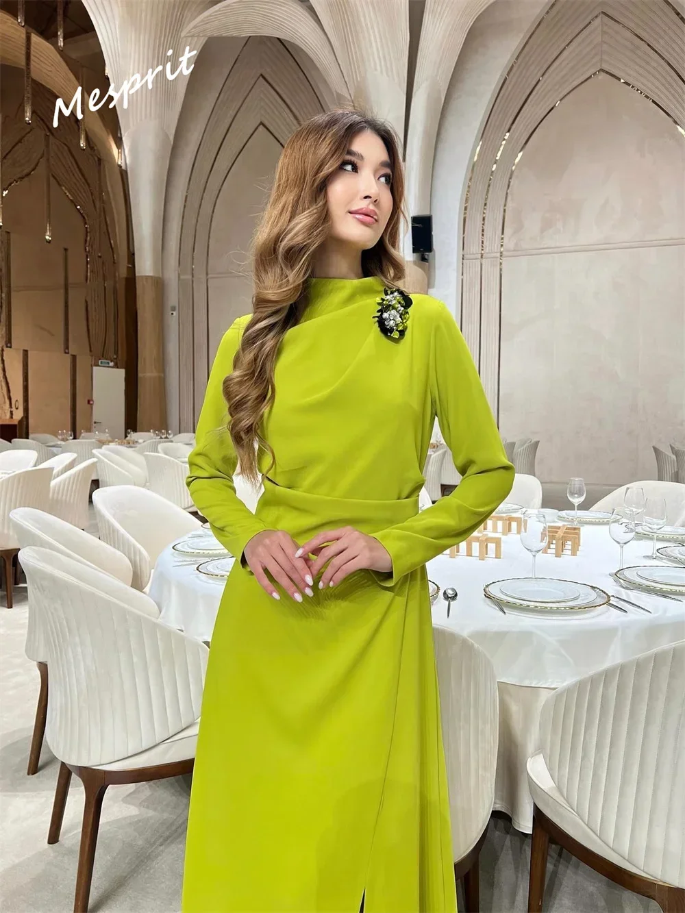 Prom Dress    Fashion High Collar A-line Anke Length Party es Beading Chiffon Customized Saudi Arabia